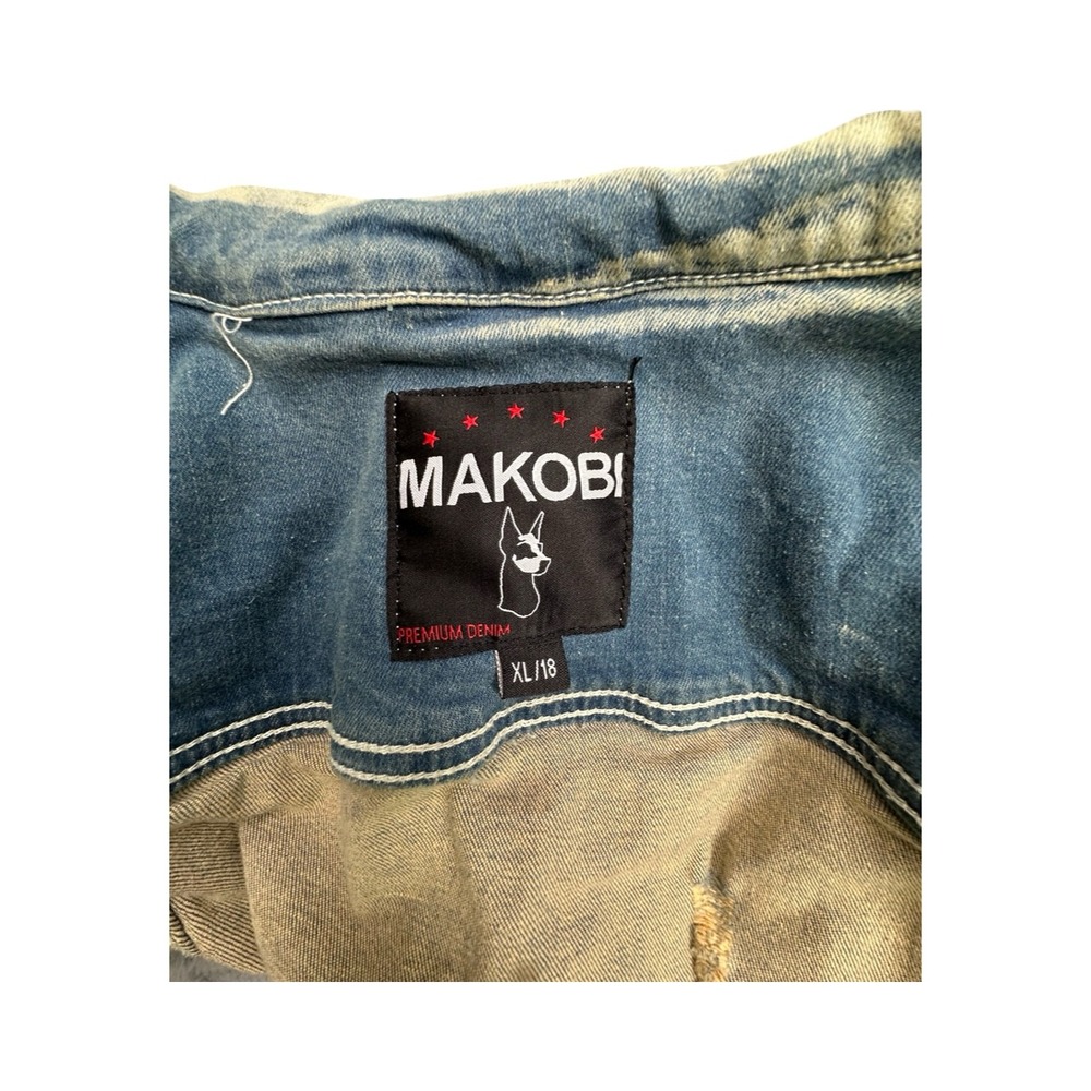 Makobi Denim Jacket Mens XL Blue Distressed Frayed Premium Cotton Trucker Coat - Picture 3 of 12